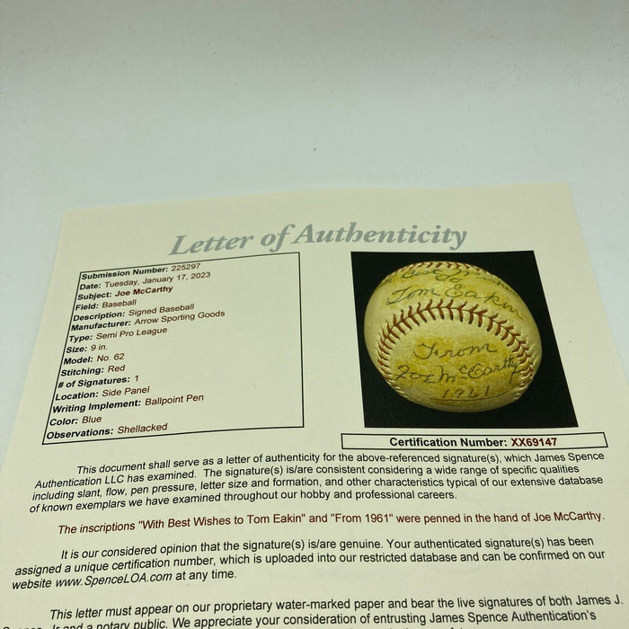Joe Mccarthy Single Signed Baseball With JSA COA