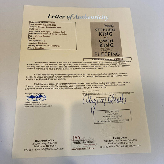Stephen King & Owen King Signed Sleeping Beauties Book JSA COA