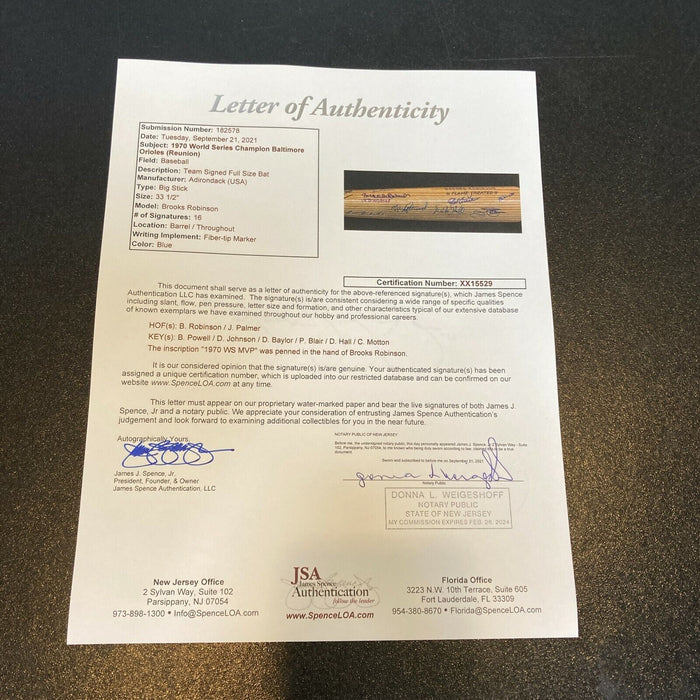 1970 Baltimore Orioles World Series Champs Team Signed Baseball Bat With JSA COA