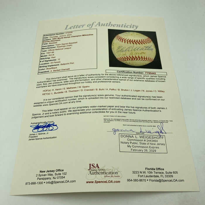 1957 Milwaukee Braves World Series Champs Team Signed Baseball Hank Aaron JSA