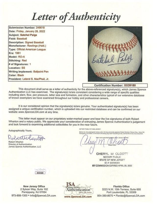 Beautiful Satchel Paige Single Signed American League Baseball JSA COA