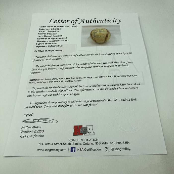 Roger Maris Rookie 1957 Cleveland Indians Team Signed AL Baseball KSA COA