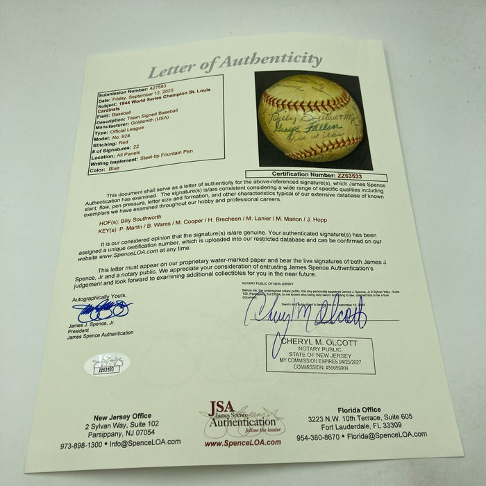 1944 St. Louis Cardinals World Series Champs Team Signed Baseball JSA COA