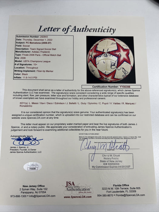 Lionel Messi 2006 FC Barcelona UEFA Champions Team Signed Soccer Ball JSA COA