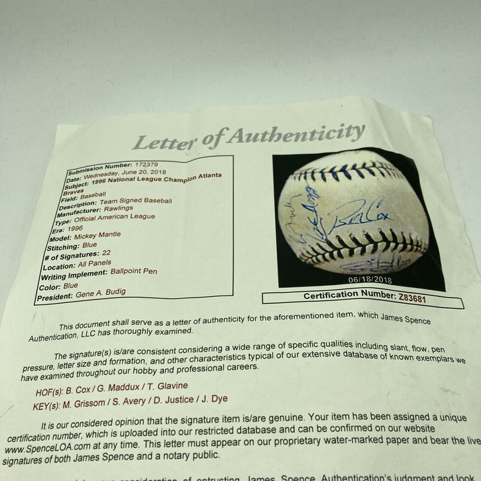 1996 Atlanta Braves NL Champs Team Signed Mickey Mantle Day Baseball JSA COA