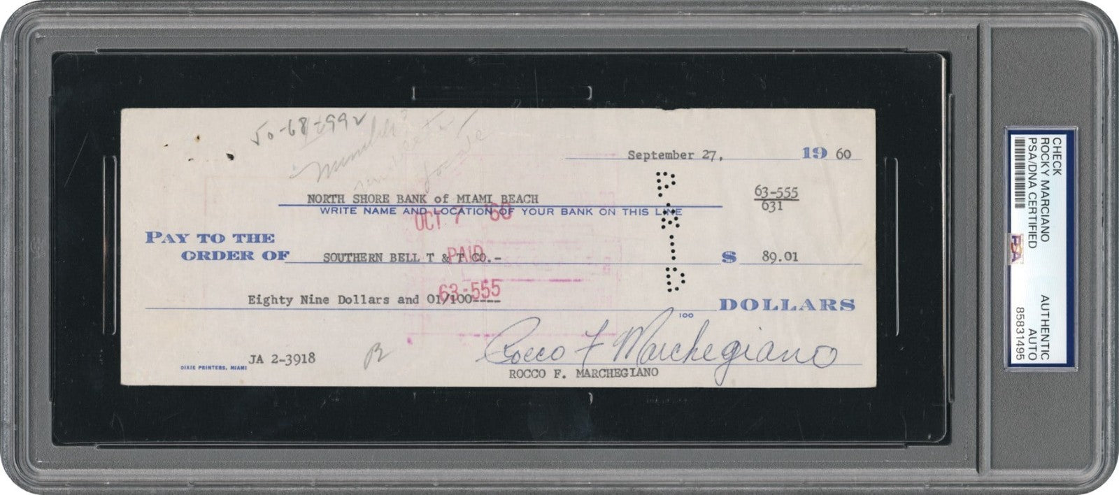 Rocky Marciano Signed 1960 Check Boxing Auto PSA DNA Certified