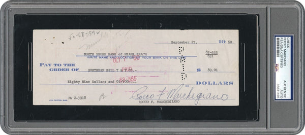 Rocky Marciano Signed 1960 Check Boxing Auto PSA DNA Certified