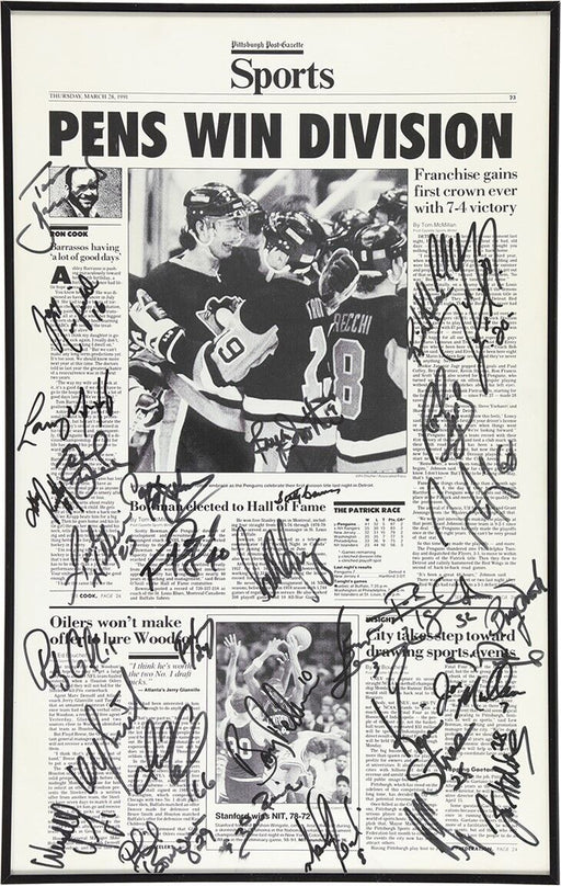 1990-91 Stanley Cup Champion Pittsburgh Penguins Team Signed Newspaper Photo JSA