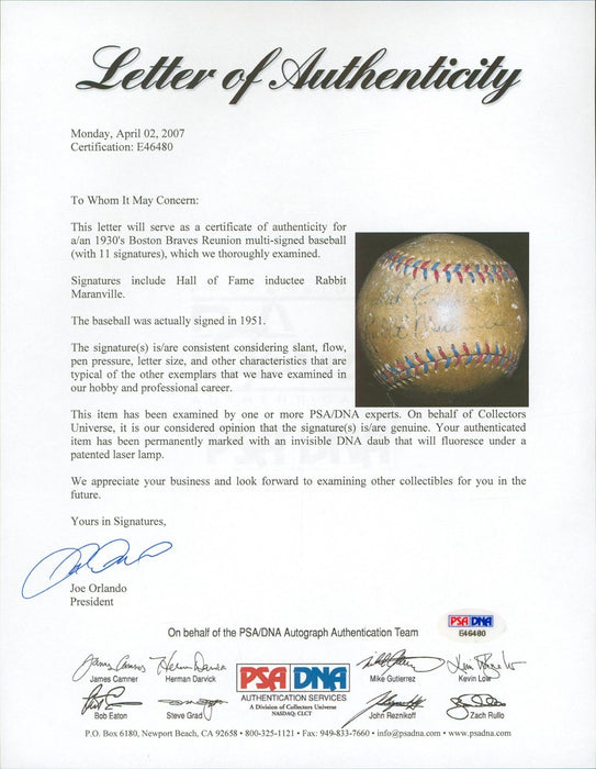 Rabbit Maranville Sweet Spot Signed 1930 Boston Braves Team Signed Baseball PSA
