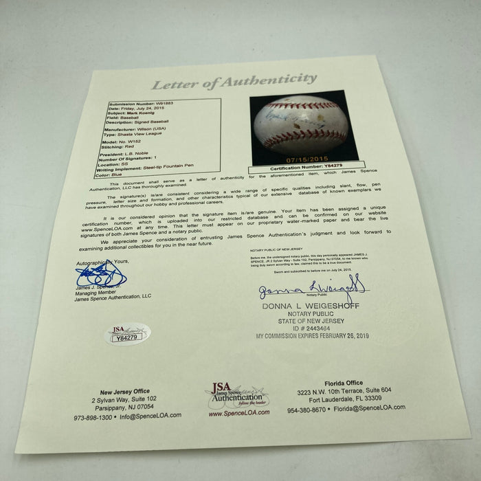 Mark Koenig Single Signed Baseball JSA COA 1927 New York Yankees JSA COA