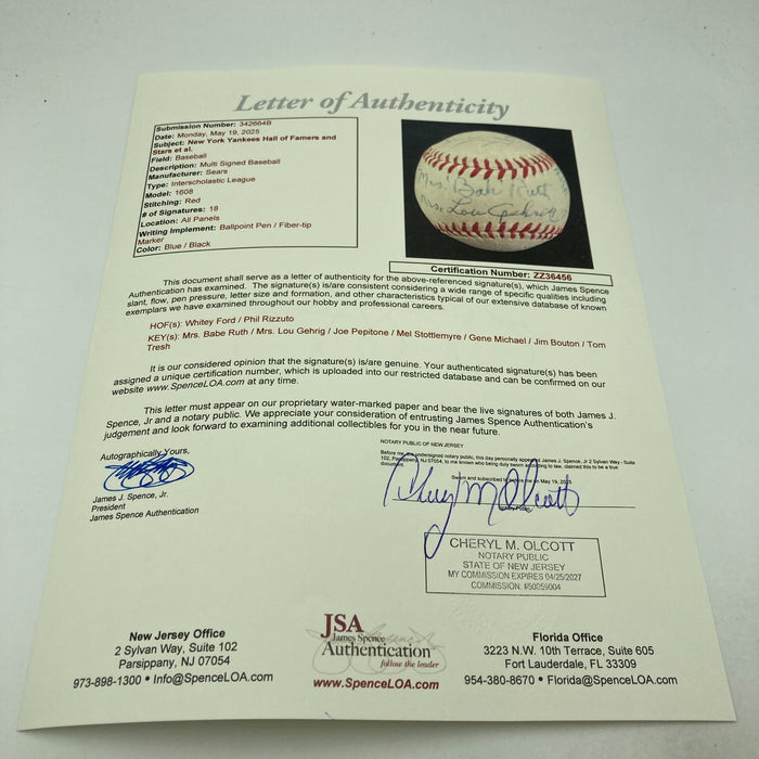 Mrs. Babe Ruth & Mrs. Lou Gehrig Yankees Legends Signed Baseball JSA COA