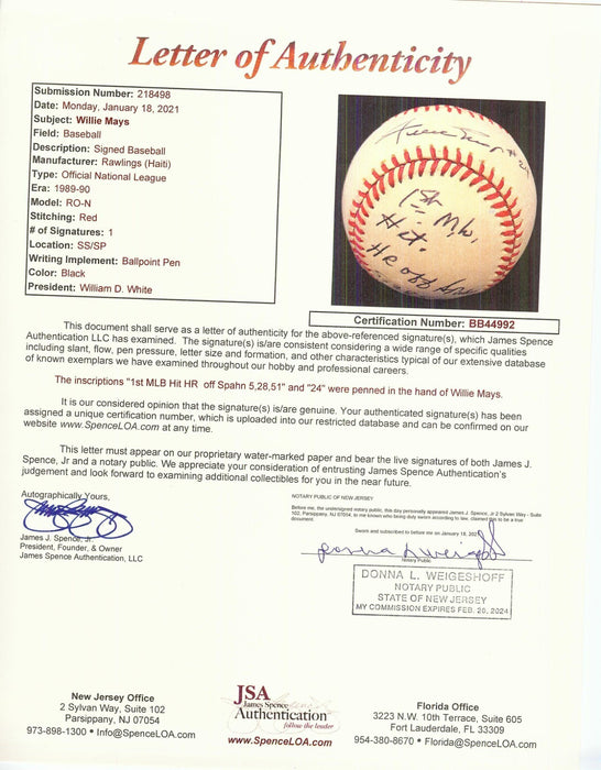 Willie Mays "1st Major League Hit HR Off Spahn 5/28/1951" Signed Baseball JSA