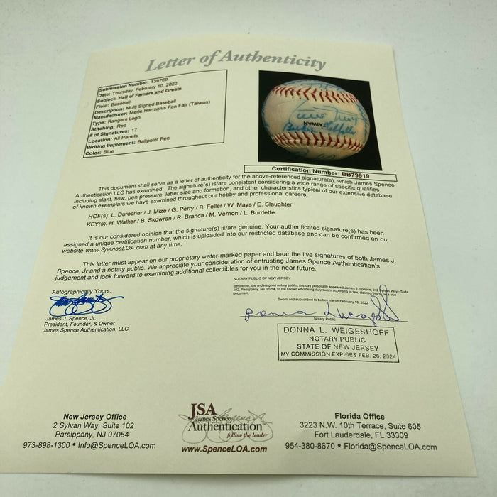 Willie Mays Leo Durocher 1987 Old Timer's Day HOF Multi Signed Baseball JSA COA
