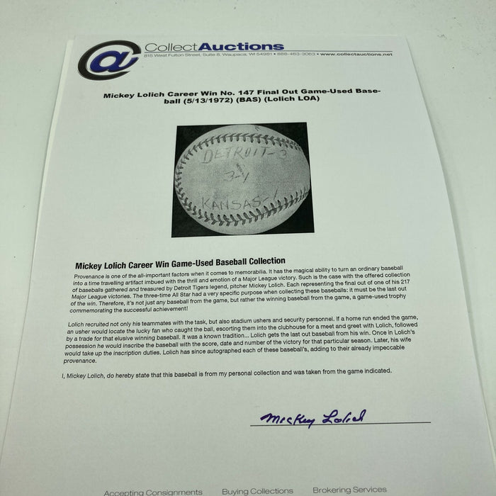 Mickey Lolich Signed Career Win No. 147 Final Out Game Used Baseball Beckett COA