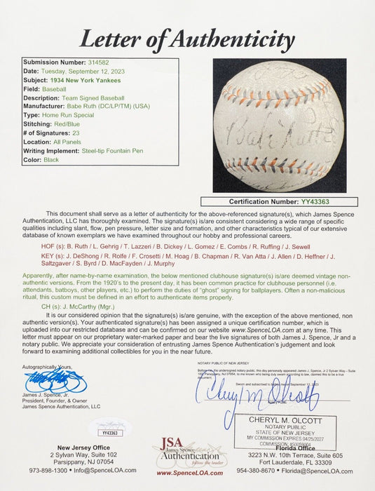 Babe Ruth & Lou Gehrig 1934 New York Yankees Team Signed Baseball JSA COA