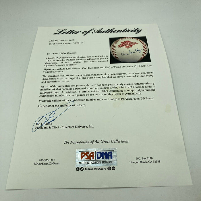 Vin Scully Kirk Gibson Lasorda Hershiser Signed 1988 World Series Baseball PSA
