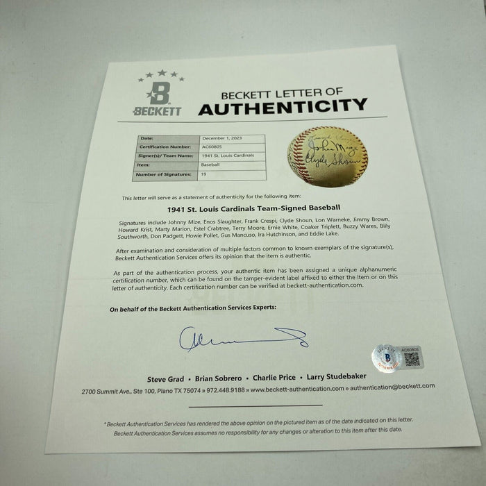 1941 St. Louis Cardinals Team Signed National League Baseball Beckett COA