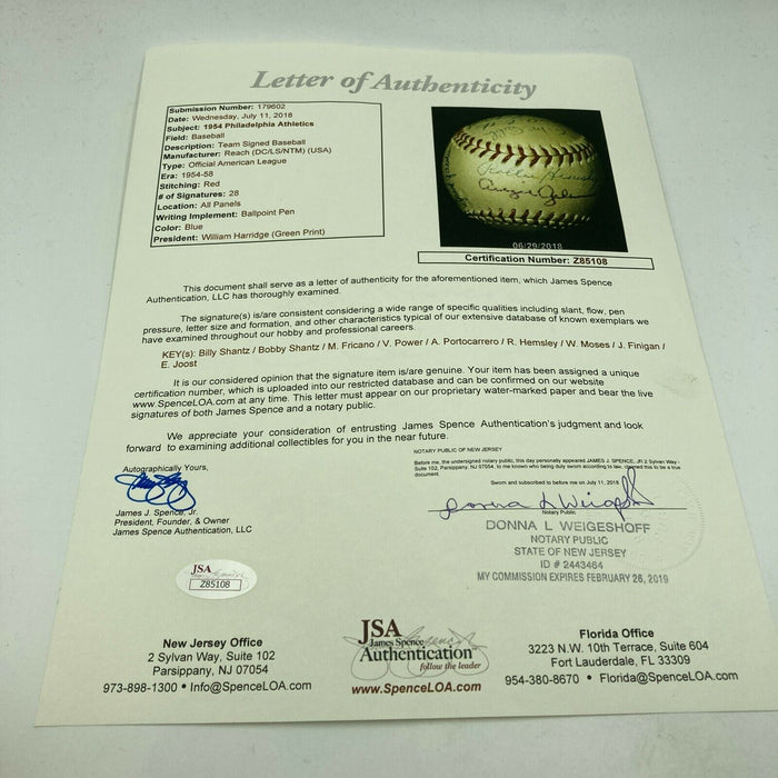 1954 Philadelphia A's Athletics Team Signed American League Baseball JSA COA