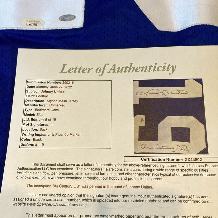 Johnny Unitas "All Century Quarterback" Signed Baltimore Colts Jersey JSA COA