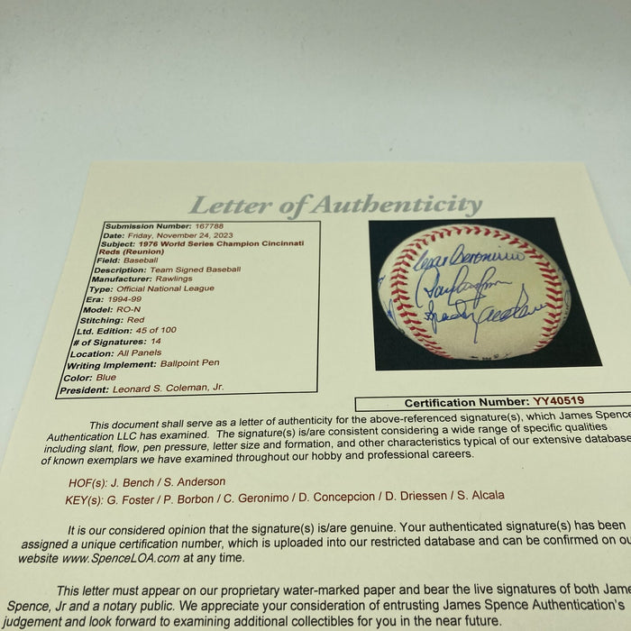 Beautiful 1976 Cincinnati Reds World Series Champs Team Signed Baseball JSA COA