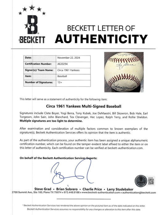 1961 New York Yankees World Series Champs Multi Signed Baseball Beckett COA
