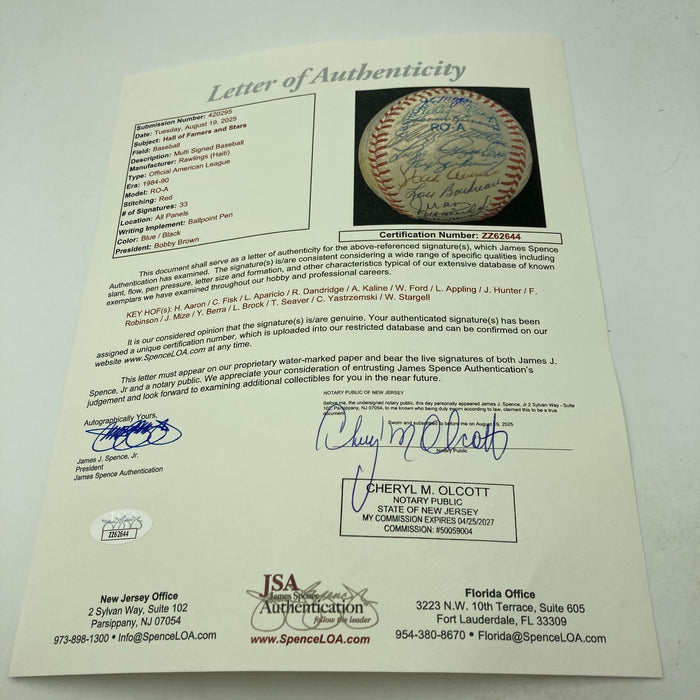 Hall Of Fame Multi Signed Baseball 33 Sigs Hank Aaron JSA COA