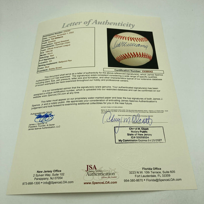 Mint Ted Williams Signed Official American League Baseball JSA COA