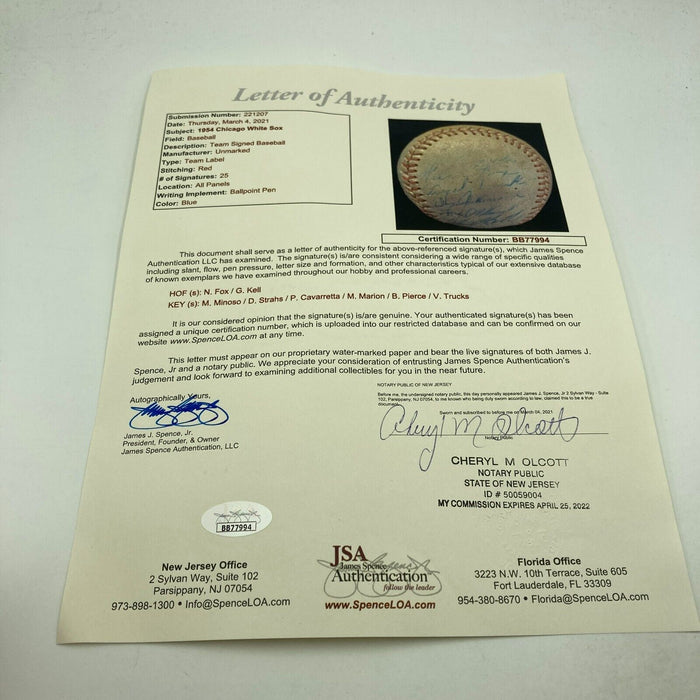 Nellie Fox 1954 Chicago White Sox Team Signed Baseball JSA COA