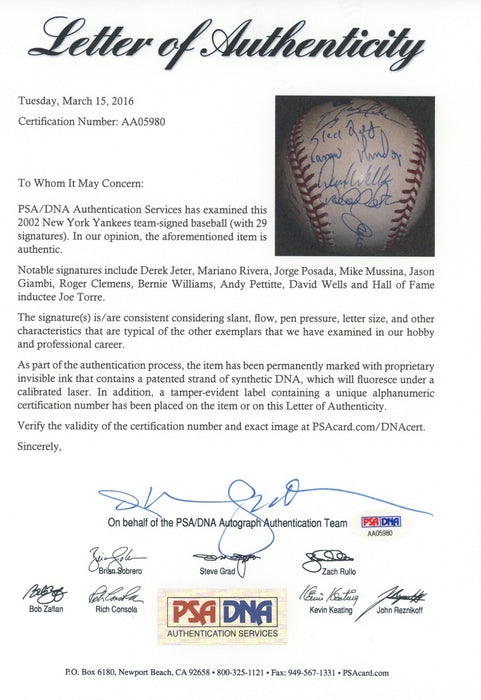 2002 New York Yankees Team Signed Baseball 29 Sigs Derek Jeter PSA DNA
