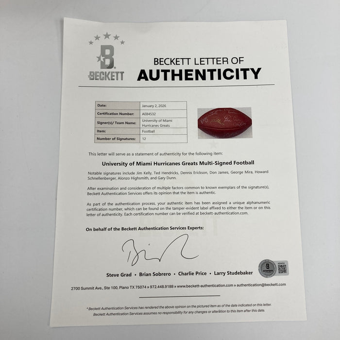 University Of Miami Hurricanes Legends Multi Signed Football Beckett COA