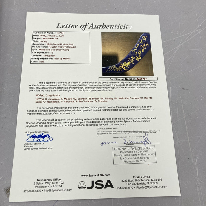 1980 Team USA “Miracle on Ice” Team Signed Hockey Stick JSA COA