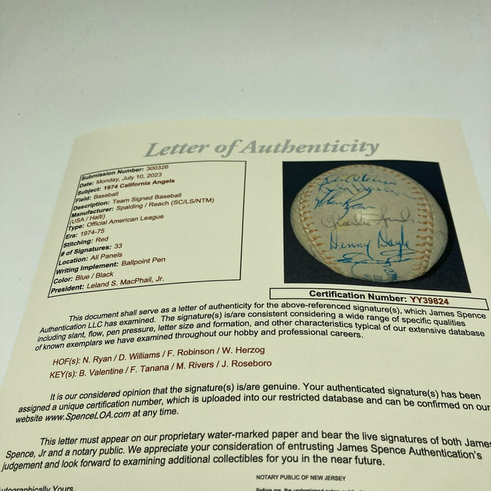 Nolan Ryan 1974 California Angels Team Signed American League Baseball JSA COA