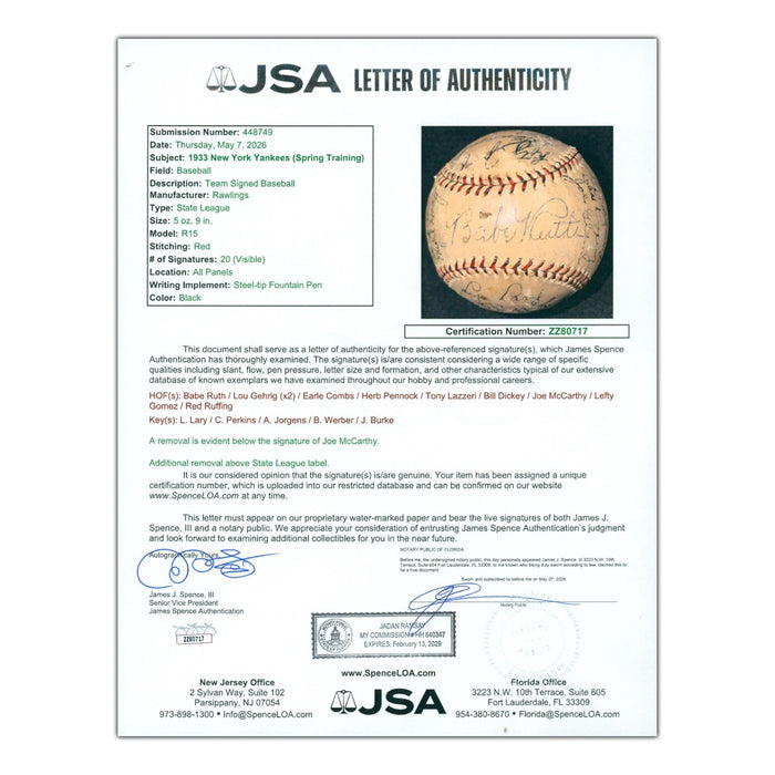 Babe Ruth & Lou Gehrig 1933 New York Yankees Team Signed Baseball JSA COA