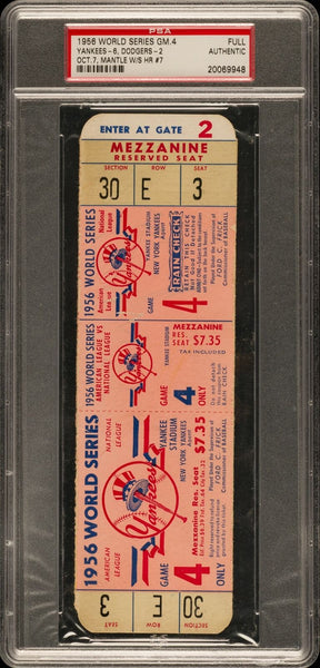 1956 World Series Game 4 Full Ticket Mickey Mantle WS HR#7 Yankees PSA DNA
