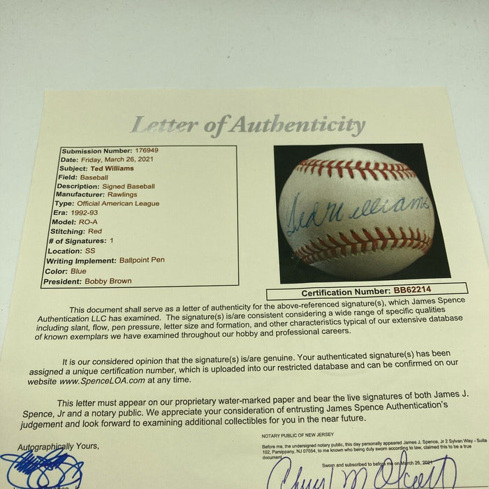 Ted Williams Signed Autographed Official American League Baseball JSA COA & UDA