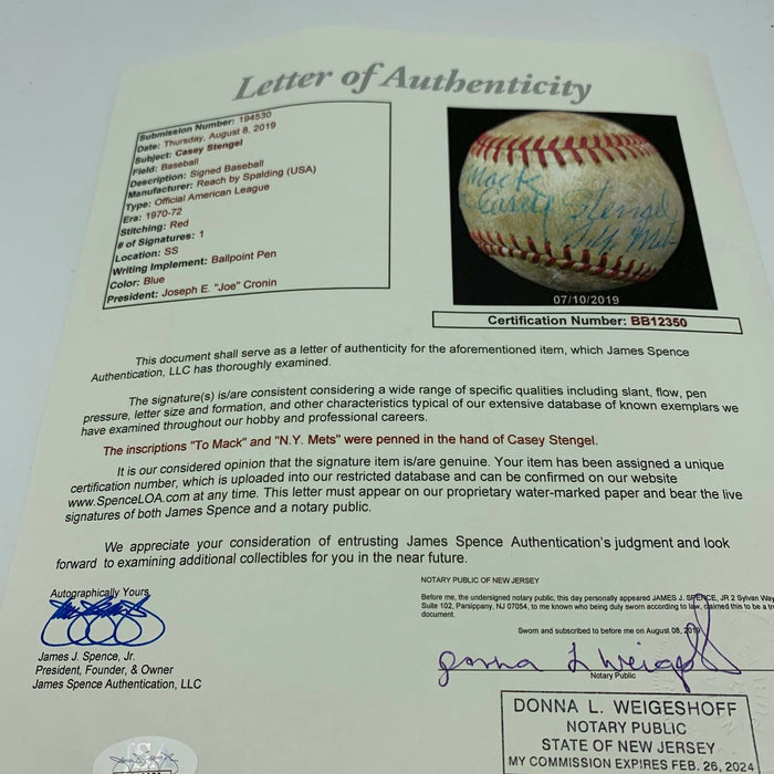 Nice Casey Stengel Single Signed Official American League Baseball With JSA COA
