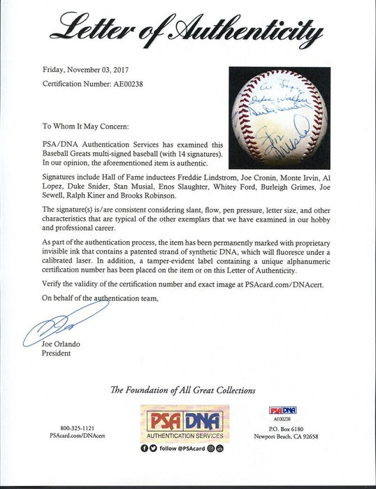 Freddie Lindstrom Stan Musial Hall Of Fame Multi Signed Baseball PSA DNA COA