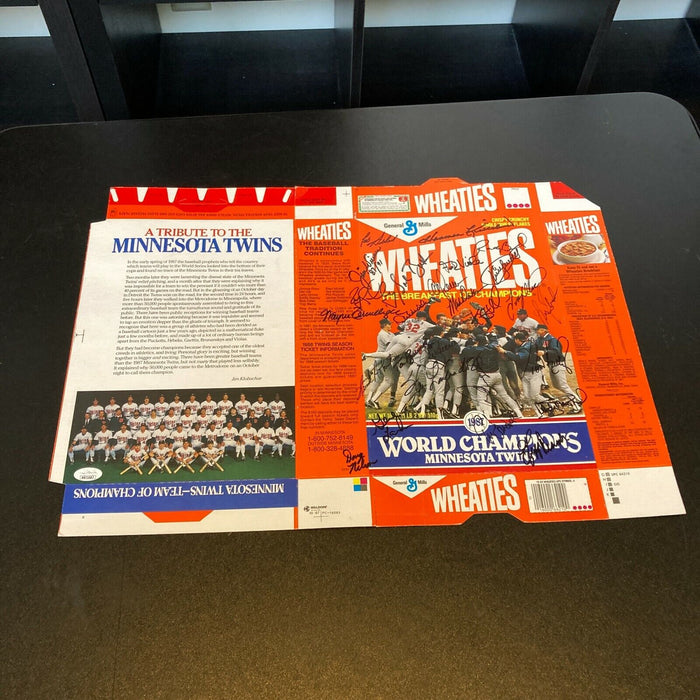 1987 Minnesota Twins World Series Champs Team Signed Wheaties Box With JSA COA