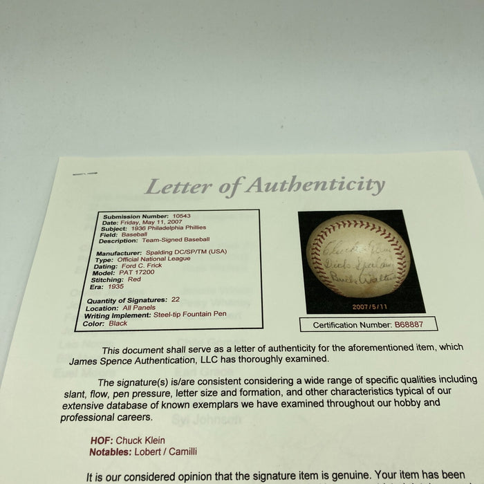 Chuck Klein 1936 Philadelphia Phillies Team Signed National League Baseball JSA