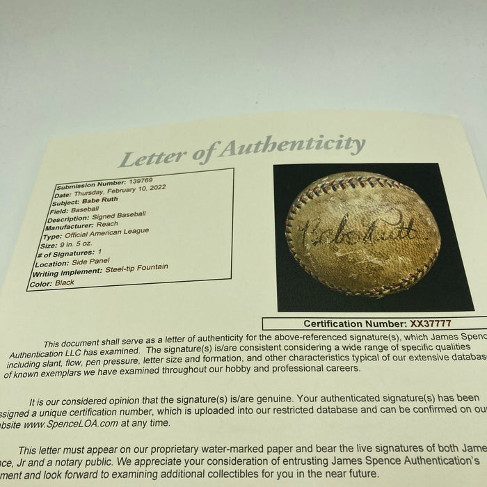 Babe Ruth Single Signed American League Baseball JSA & Beckett COA