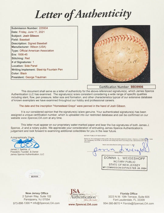 The Only Josh Gibson Single Signed Baseball On Earth PSA DNA & JSA COA