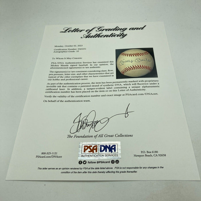 Mickey Mantle Signed American League Baseball PSA DNA Graded 10 GEM MINT