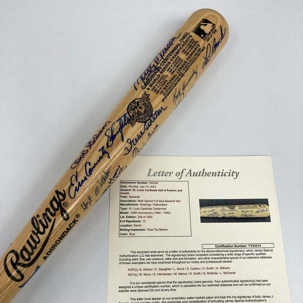 Beautiful St. Louis Cardinals Hall Of Fame Multi Signed 1992 Centennial Bat JSA