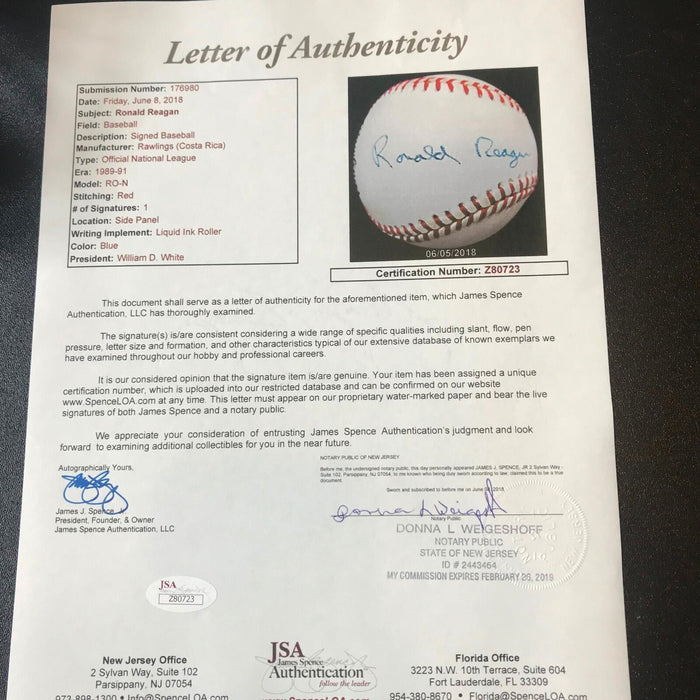 Stunning President Ronald Reagan Single Signed National League Baseball JSA COA