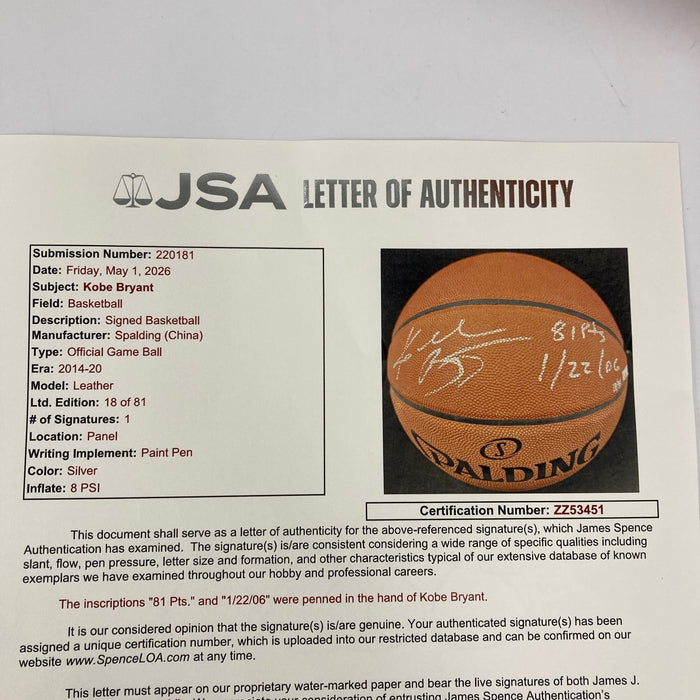 Kobe Bryant 81 Points 1/22/2006 Signed Inscribed NBA Game Basketball Panini JSA