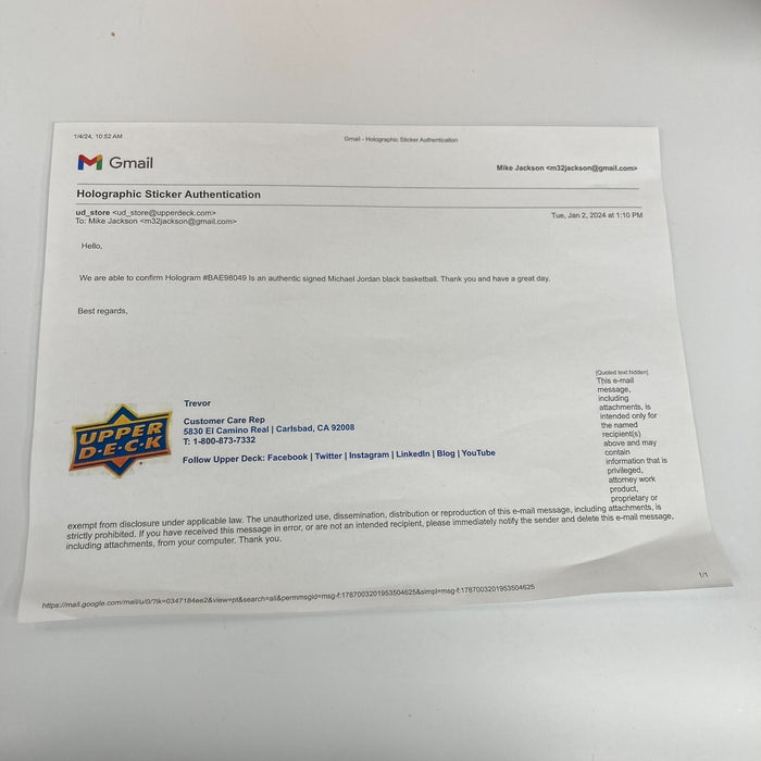 Michael Jordan Final Shot June 14, 1998 Signed Basketball UDA & PSA DNA COA
