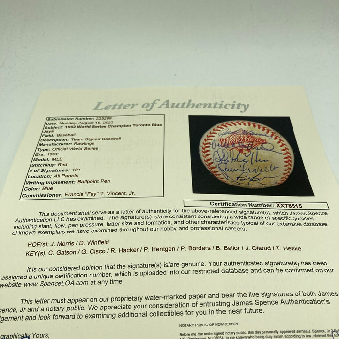 1992 Toronto Blue Jays World Series Champs Team Signed W.S. Baseball JSA COA