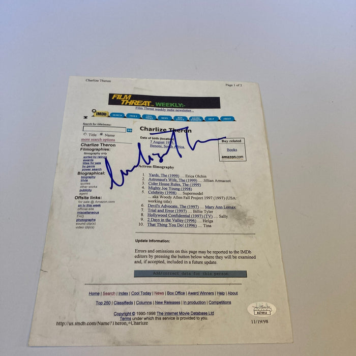 Charlize Theron Signed Vintage IMDB Biography Sheet With JSA COA