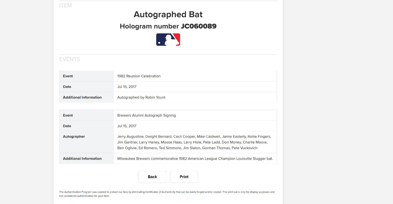 1982 Milwaukee Brewers American League Champs Team Signed Baseball Bat MLB Holo