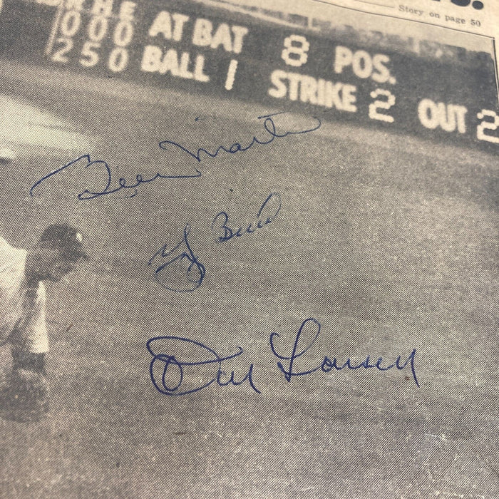 Yogi Berra, Don Larsen & Billy Martin 1956 WS Perfect Game Signed Newspaper JSA